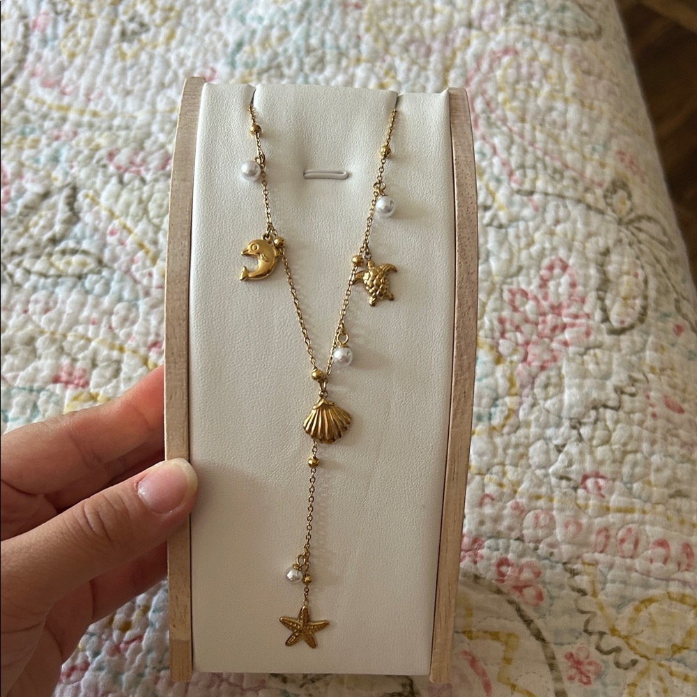 Gold Seashell & Star Charm Necklace with Pearls - Women Jewelry